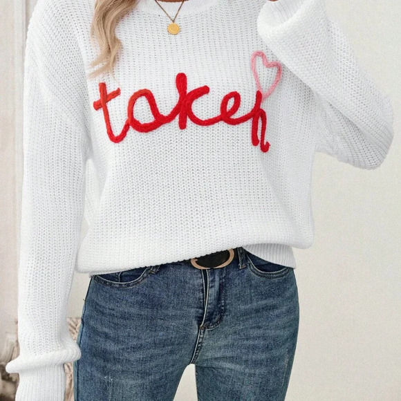 White Casual Women's Style Round Neck Embroidered Little Heart Knitted Sweater - Picture 5 of 6